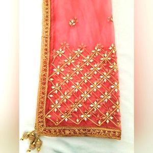 Coral pink ethnic dupatta/ scarf with original mirrors ,zari border and latka…